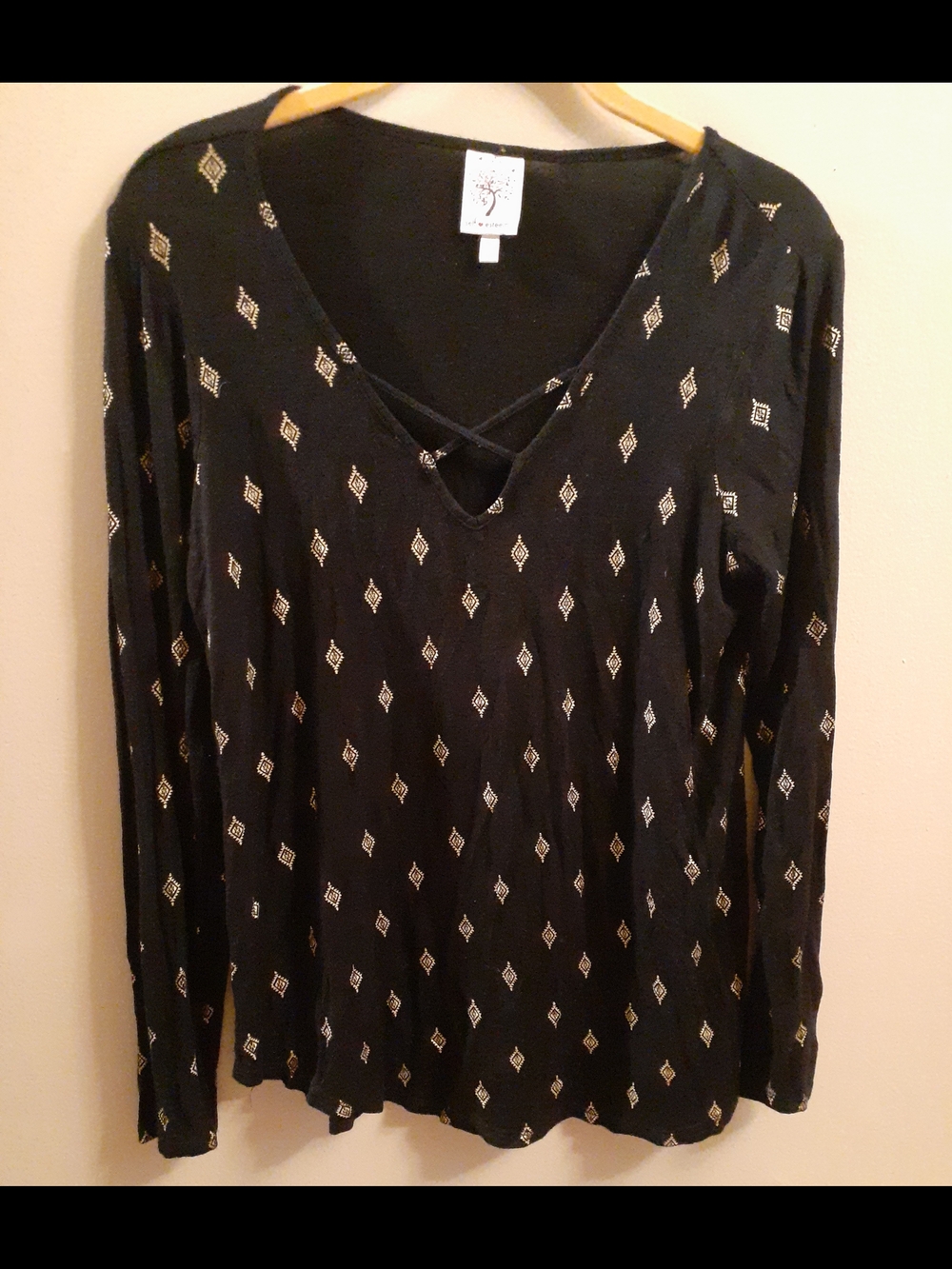 Self Esteem Black Long Sleeve Crisscross V-Neck Tee with Gold Diamond Motif